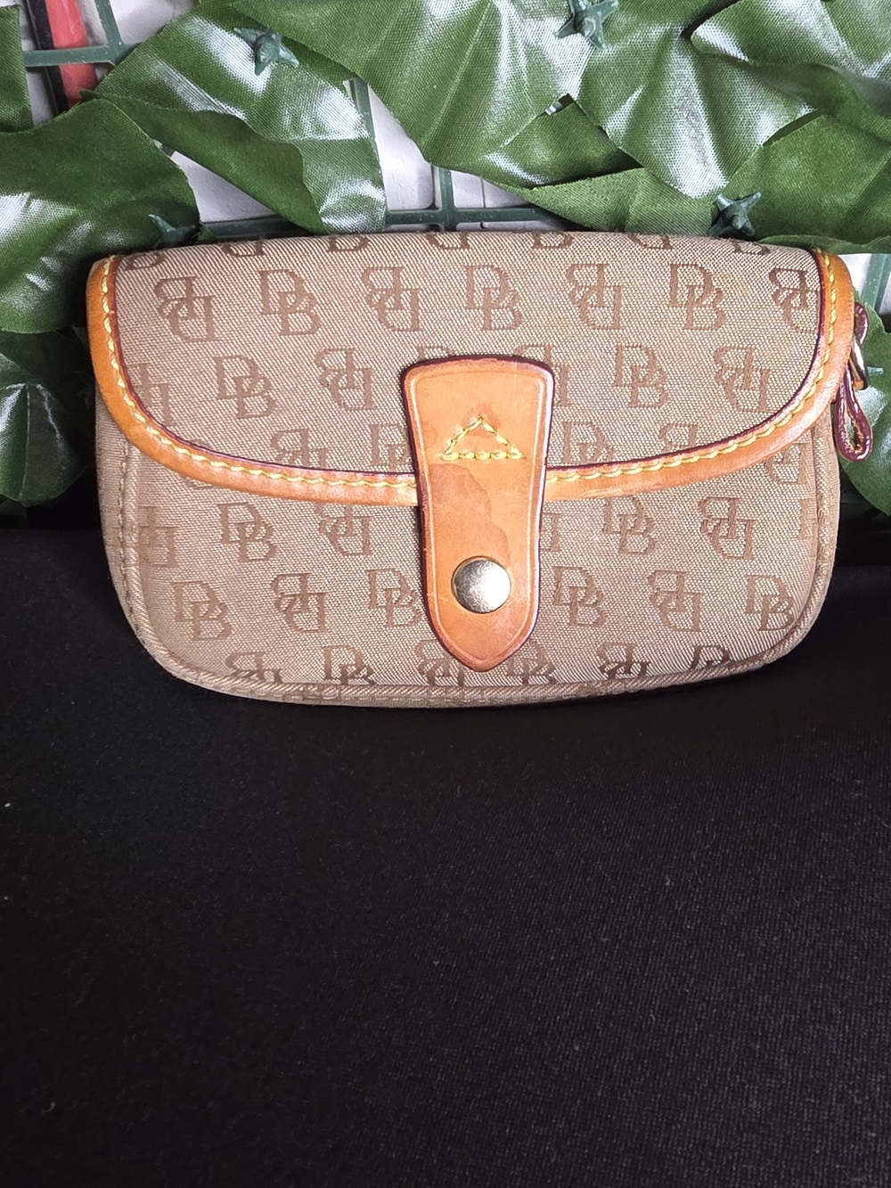 Dooney & Bourke Brown Monogram Wristlet with Tan Leather Trim